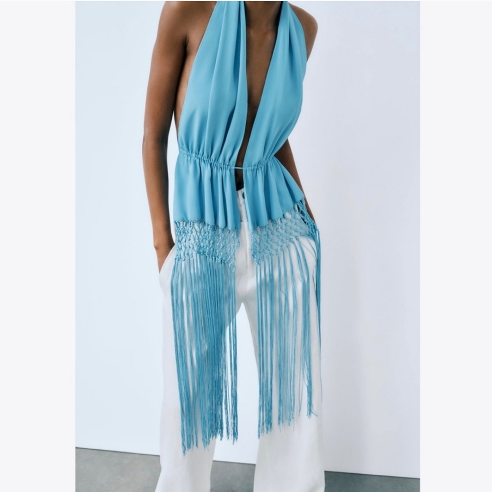 Zara Fringe Halter Top Ibiza Festival Resort Beach Top Blue Size S - Picture 7 of 14